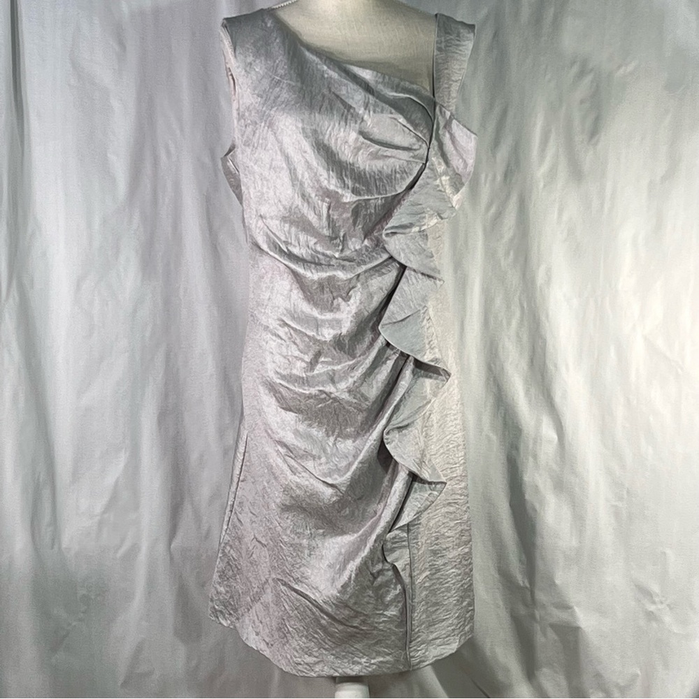 Suzie Chin For Maggy Boutique Silver Cocktail Dress Front Ruffle Plus Size 18